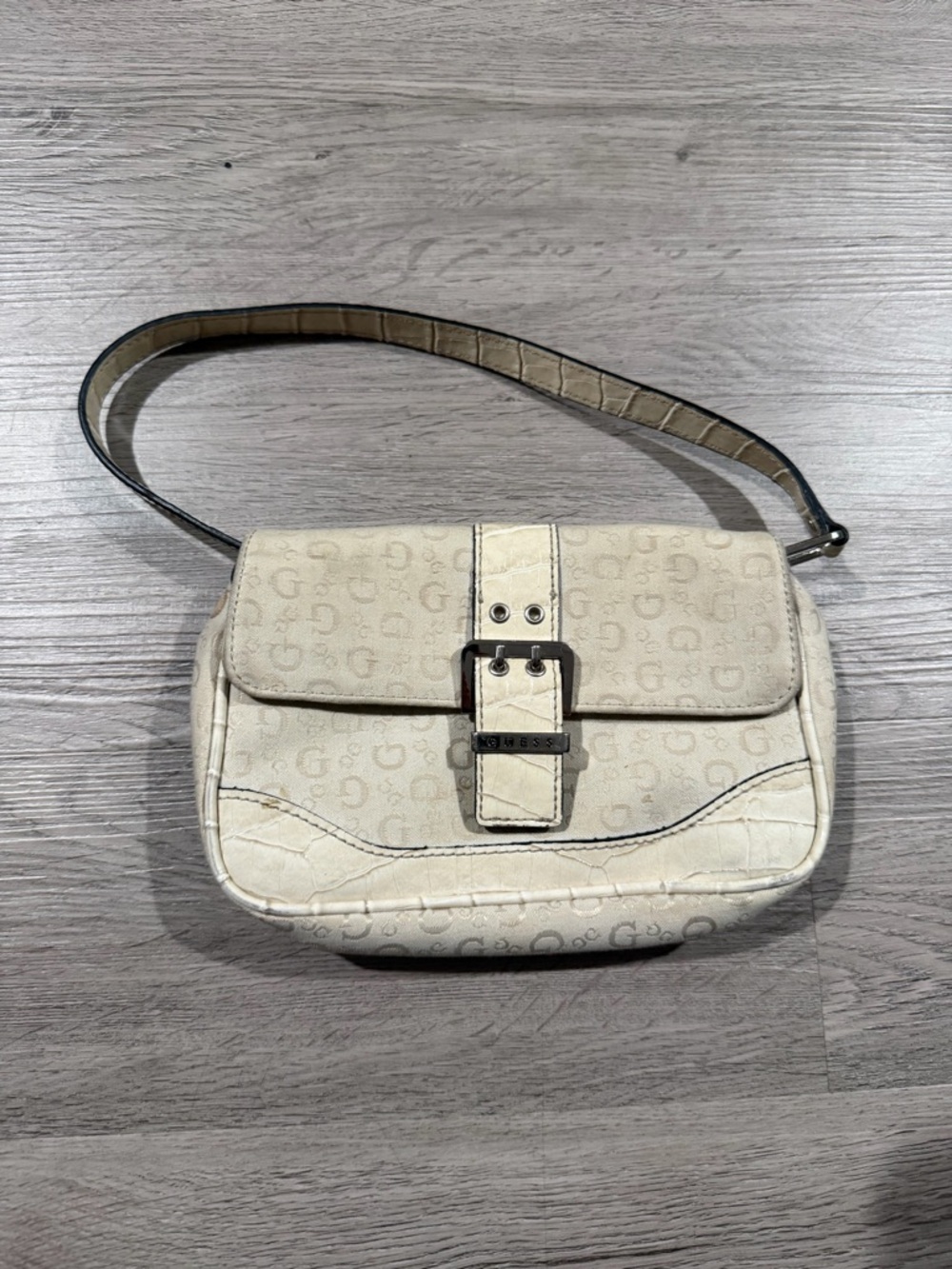 Guess Cream Logo-Print Shoulder Bag with Buckle mini